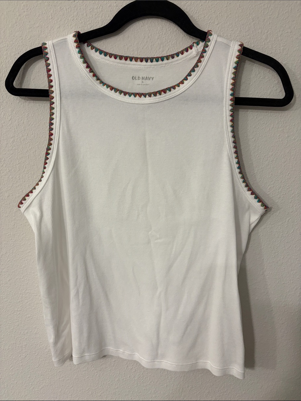 Old Navy White Ribbed Tank with Multicolor Embroidered Trim